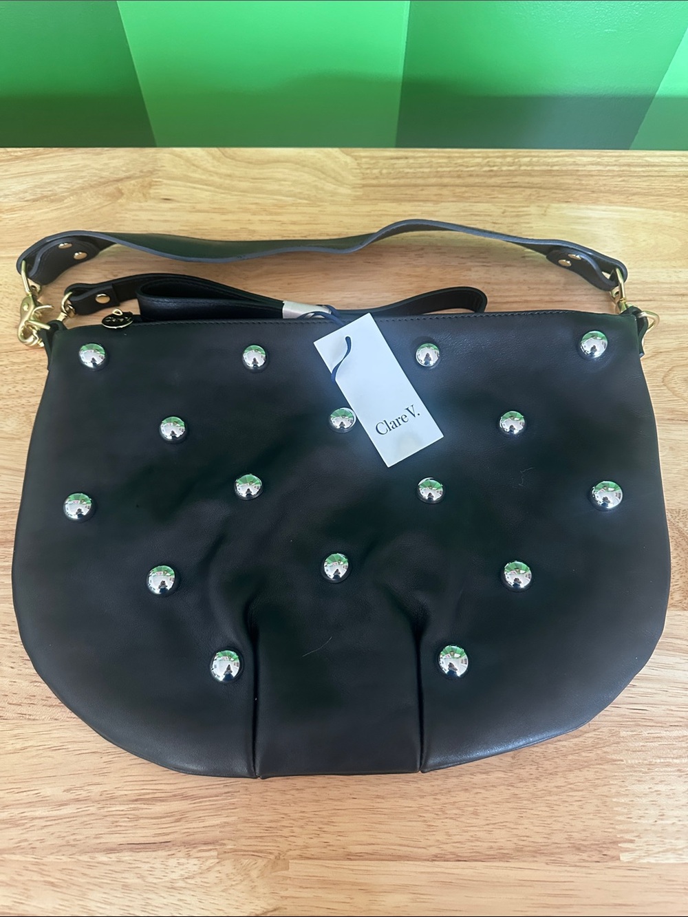 Clare V. Moyen Messenger Black Leather Silver Studs New With Tag NWT